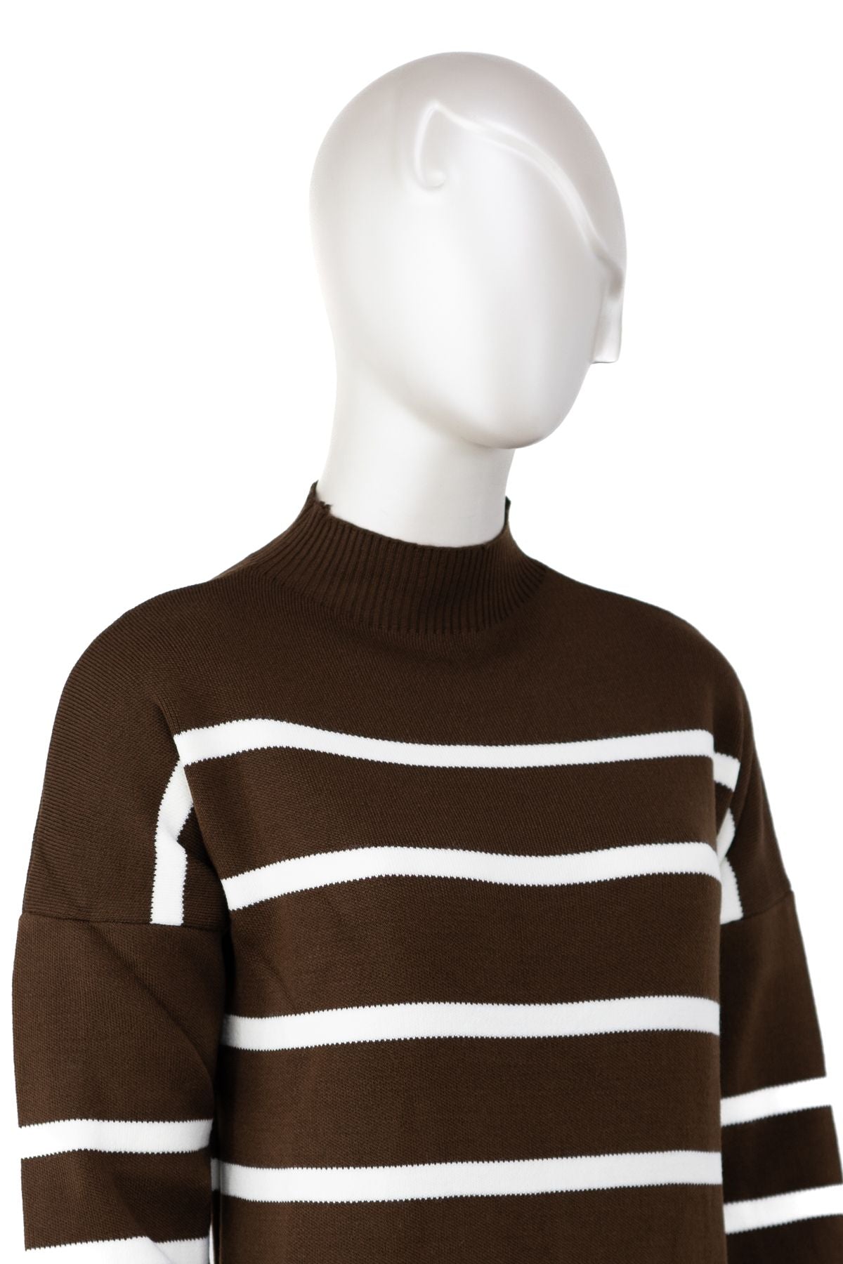 Kadın Kışlık Triko Örme Boydan Elbise Çizgi Desenli Yarım Yaka Rahat Kesim Tam Kalıp Likralı